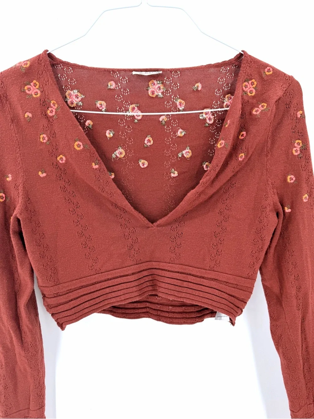 Intimately Free People Eyelet Floral Embroidery Knit Long Sleeve Crop Top